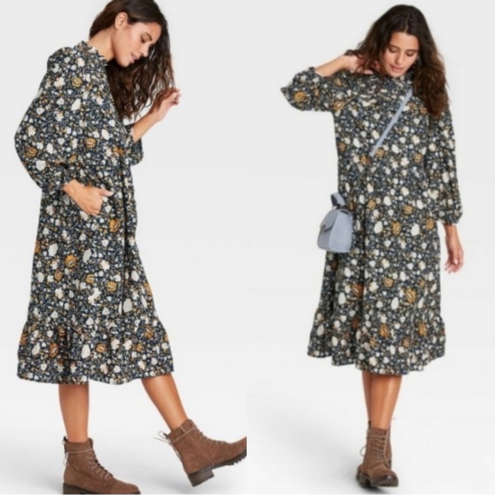 Universal Threads long sleeve high neck navy floral dress